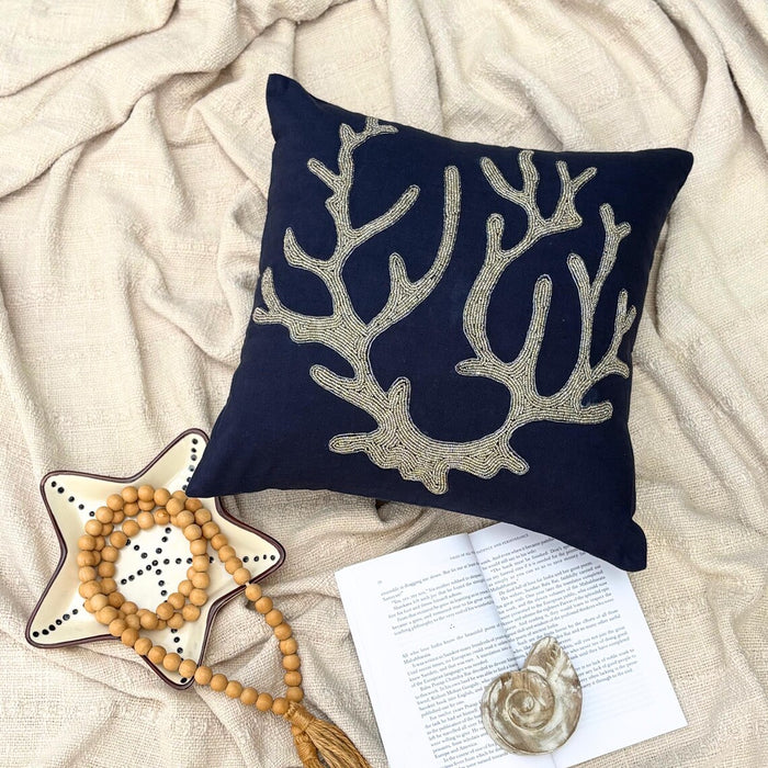 Sea Weed At The Shore - Navy Blue Cotton Linen Decorative Euro Sham