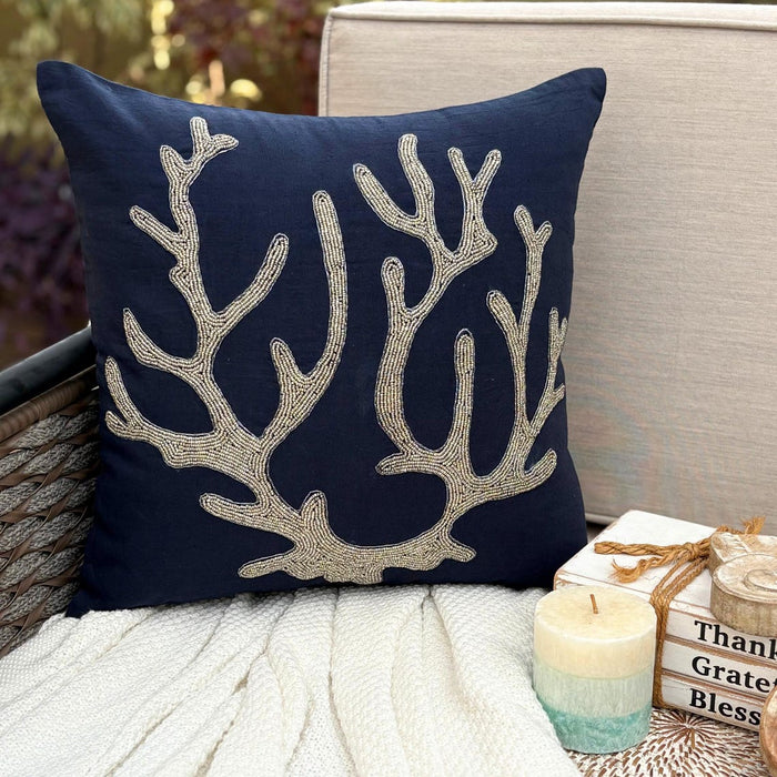 Sea Weed At The Shore - Navy Blue Cotton Linen Decorative Euro Sham