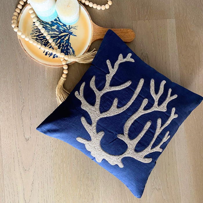 Sea Weed At The Shore - Navy Blue Cotton Linen Decorative Euro Sham