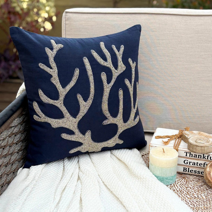 Sea Weed At The Shore - Navy Blue Cotton Linen Decorative Euro Sham