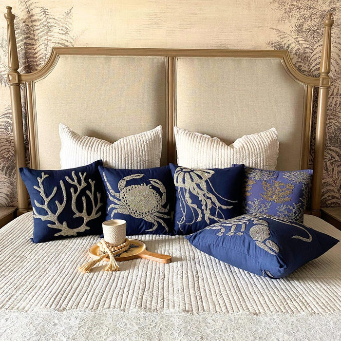 Sea Weed At The Shore - Navy Blue Cotton Linen Decorative Euro Sham