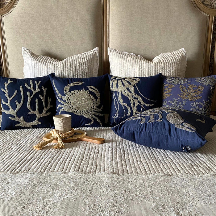 Sea Weeds Swim - Navy Blue Cotton Linen Decorative Euro Sham