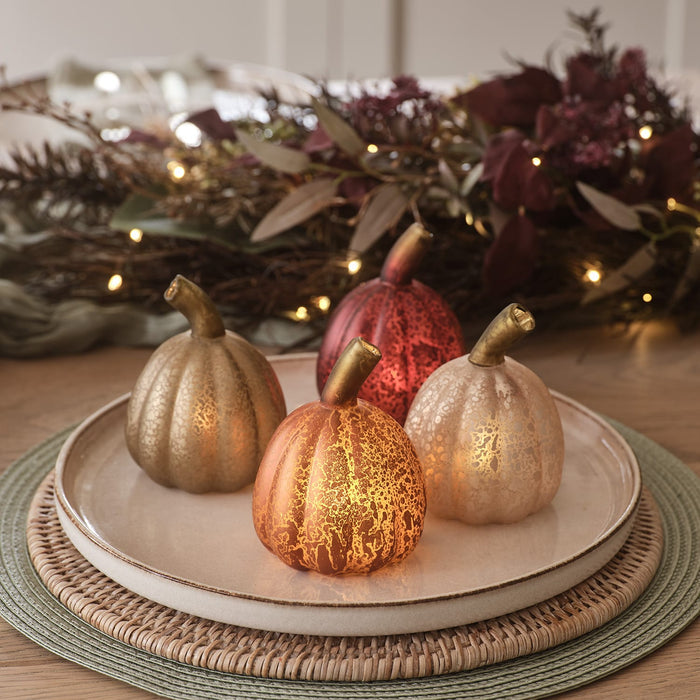 Set of 4 Mini Glass Light Up Pumpkin Decorations