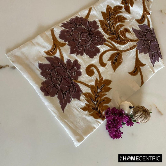 Silk Dupioni Ivory, Gold, Purple Decorative Table Runners - Brown Floral