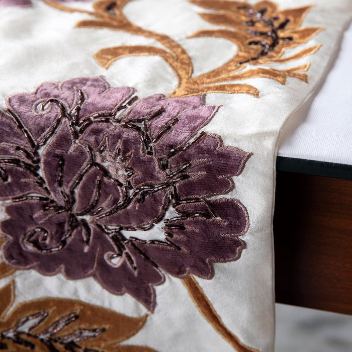 Silk Dupioni Ivory, Gold, Purple Decorative Table Runners - Brown Floral