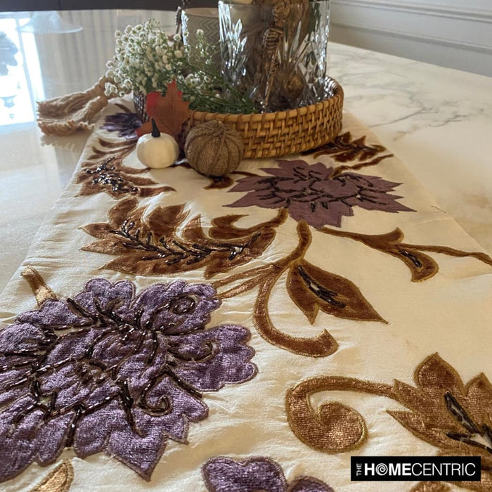 Silk Dupioni Ivory, Gold, Purple Decorative Table Runners - Brown Floral