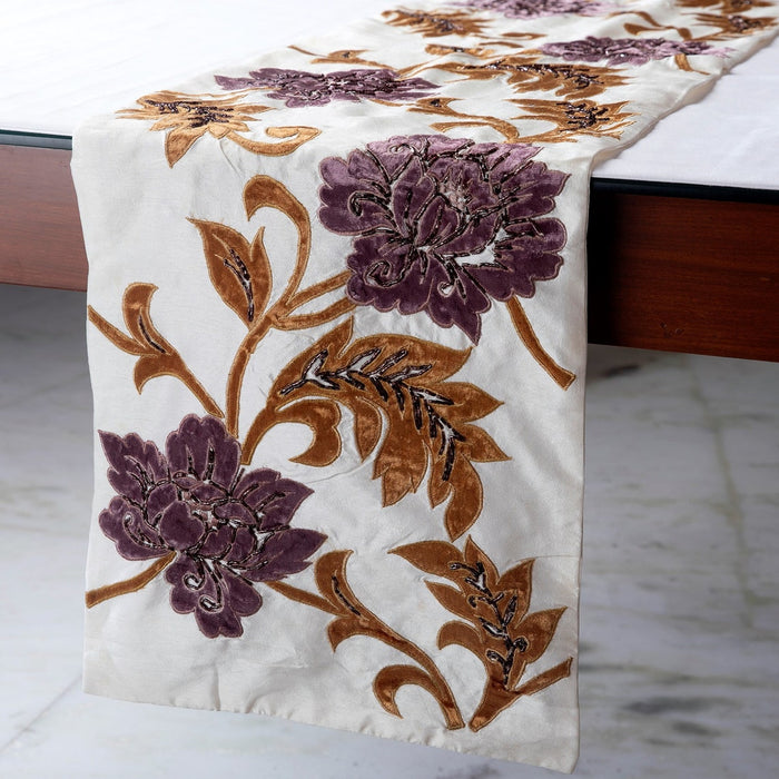 Silk Dupioni Ivory, Gold, Purple Decorative Table Runners - Brown Floral