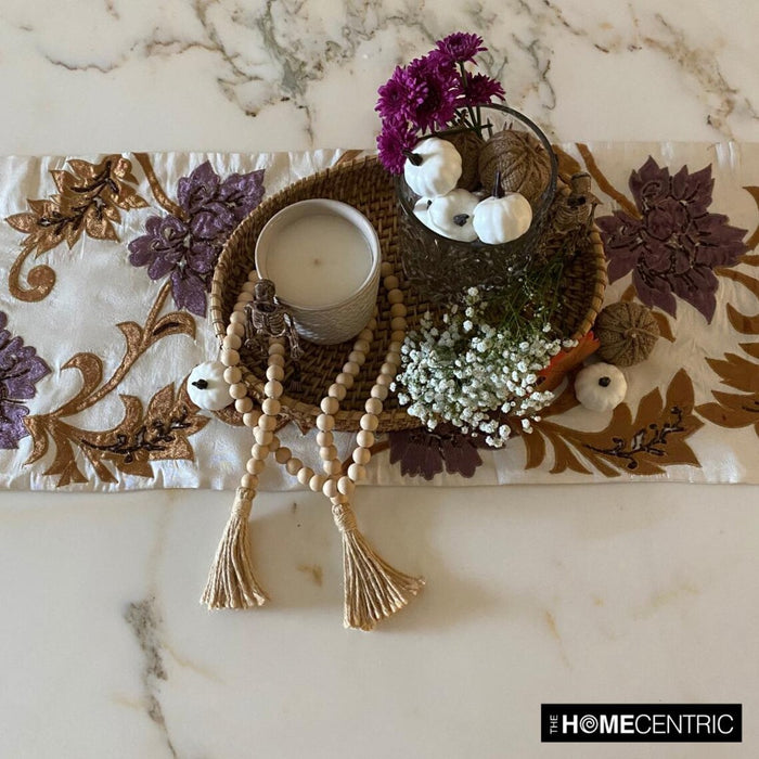 Silk Dupioni Ivory, Gold, Purple Decorative Table Runners - Brown Floral