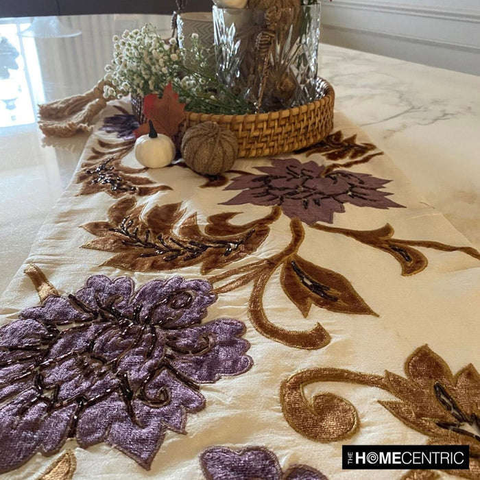 Silk Dupioni Ivory, Gold, Purple Decorative Table Runners - Brown Floral
