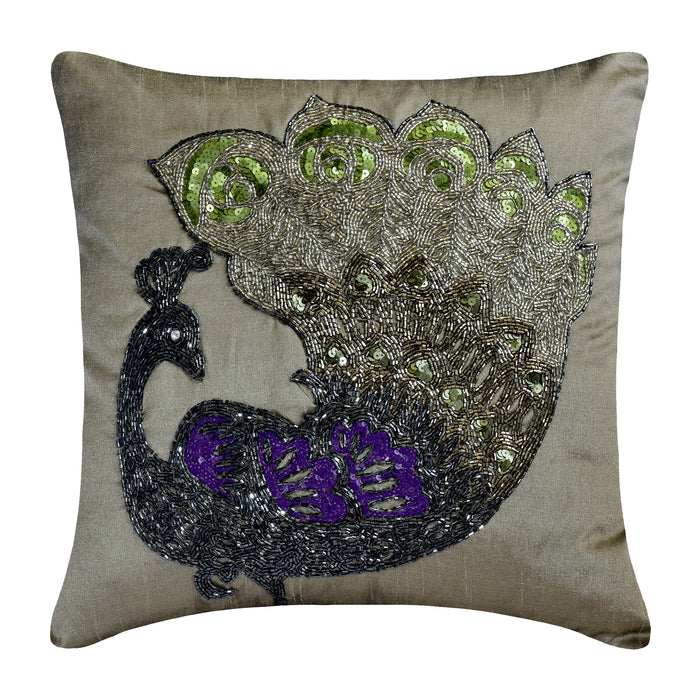Silver Art Silk Throw Pillow Cover Silver Dancing Peacock