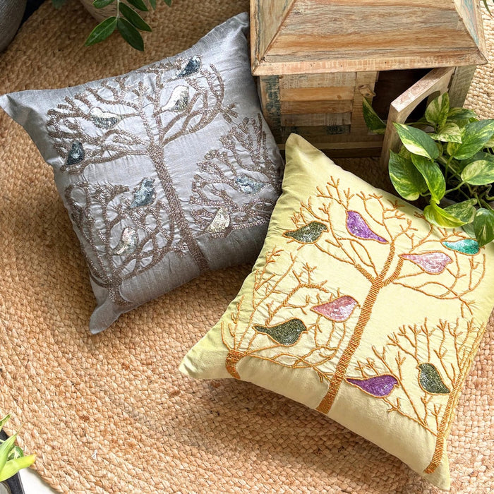 Silver Pigeons - Silver Art Silk Throw Pillow Cover