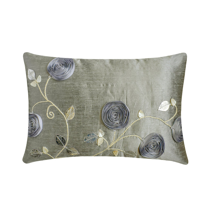 Silver Rose Garden - Art Silk Silver Decorative Lumbar Pillow Cover