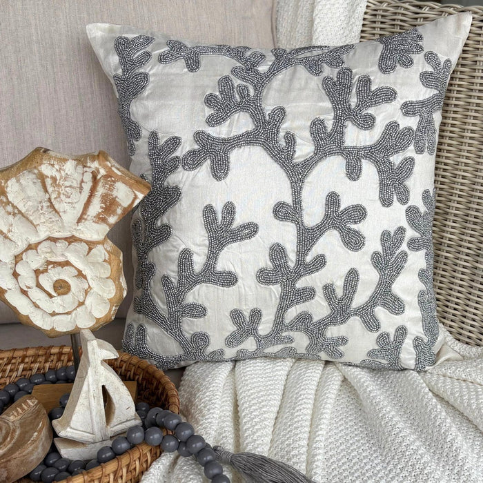 Silver & White Art Silk Throw Pillow Cover - Silver Coral