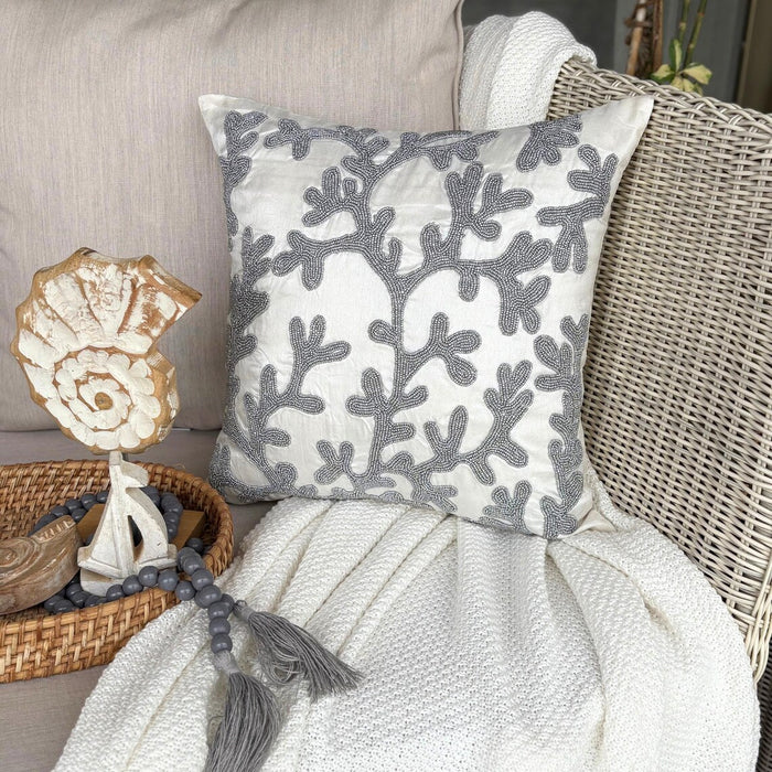 Silver & White Art Silk Throw Pillow Cover - Silver Coral