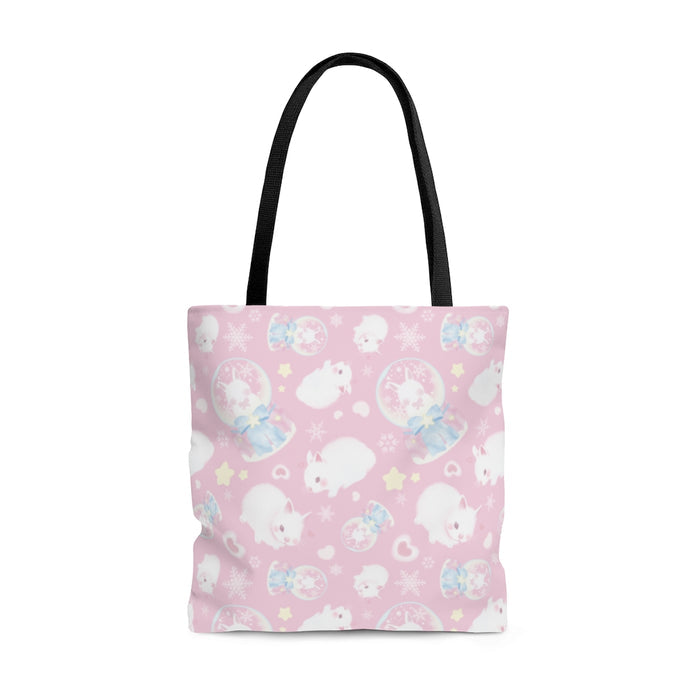 Charming Snow Bunny Tote Bag (Pink) features cute bunnies, perfect for pastel outfits and everyday use.