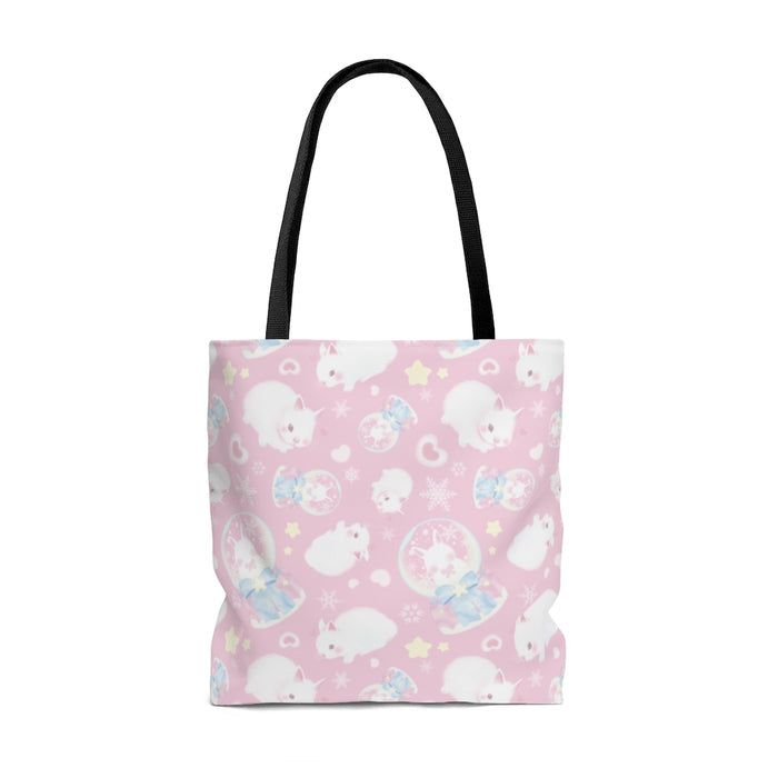 Cute and cozy, the Snow Bunny Tote Bag (Pink) features adorable bunnies on a pastel background, perfect for any outfit!