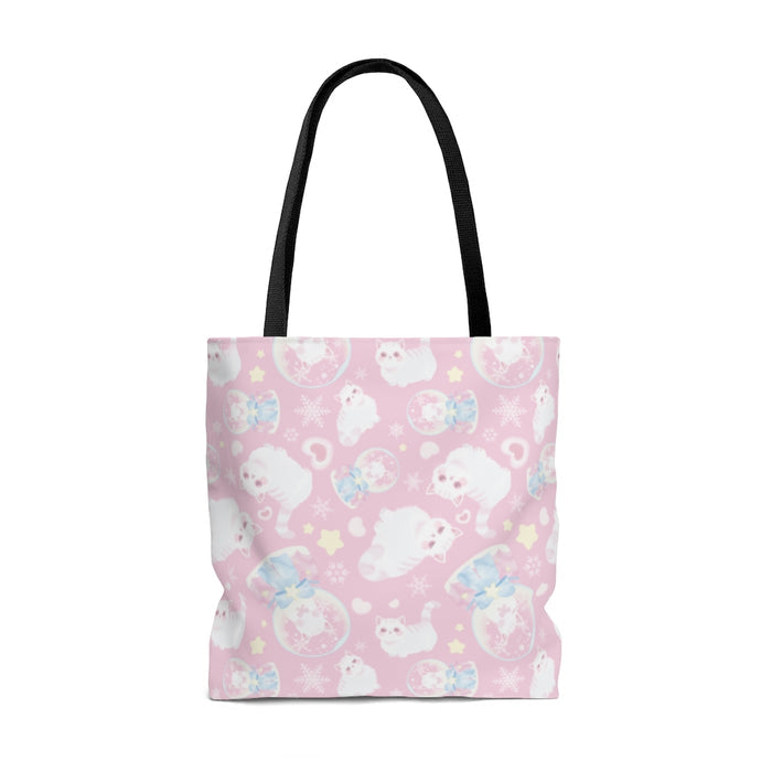 Cute Snow Kitten Tote Bag (Pink) features playful kittens, perfect for pastel outfits and everyday use.