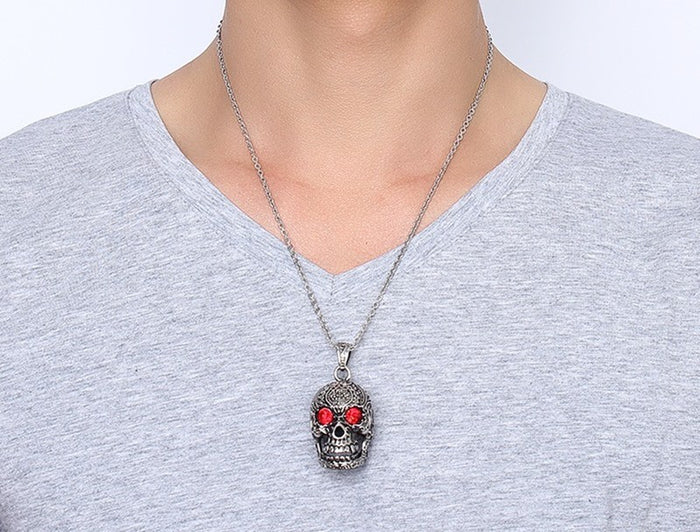 Stainless Steel Gothic Skull Pendant Necklace for Man with Red Cubic Zirconia 24" Chain