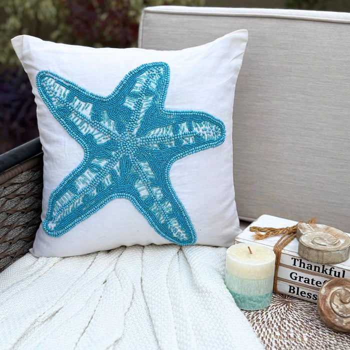 Starfish Island - White Cotton Linen Decorative Euro Sham