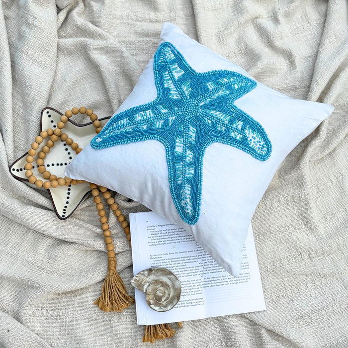 Starfish Island - White Cotton Linen Decorative Euro Sham