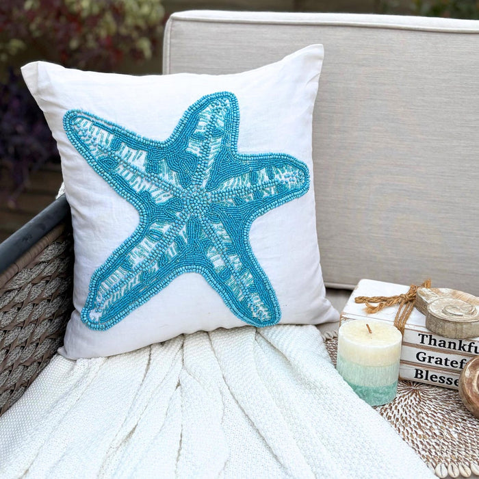 Starfish Island - White Cotton Linen Decorative Euro Sham