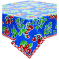 freckled sage strawberry blue oilcloth tablecloth with red gingham trim