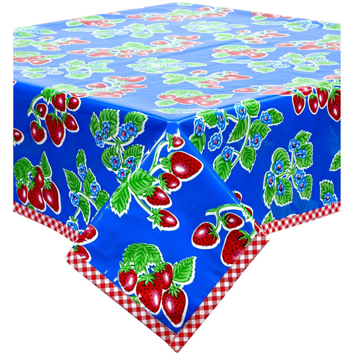 freckled sage strawberry blue oilcloth tablecloth with red gingham trim
