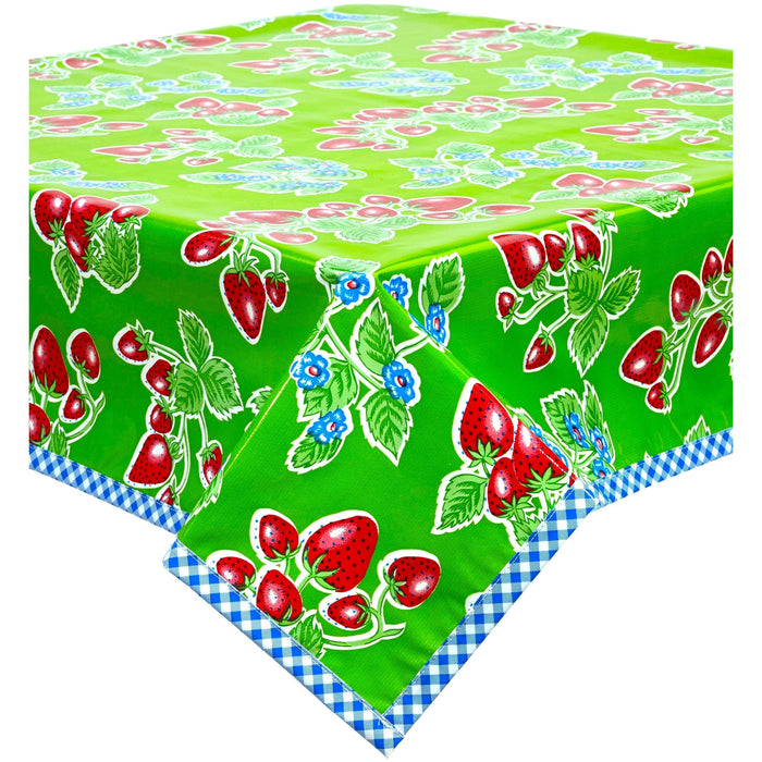 freckled sage lime green oilcloth tablecloth with blue gingham trim