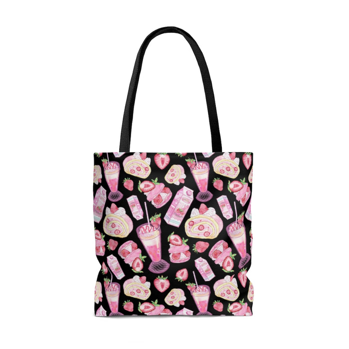Stylish Strawberry Tote Bag (Black) features vibrant designs and durable cotton straps for all your adventures.