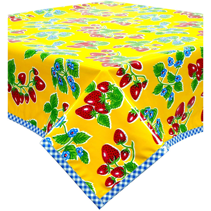 freckled sage strawberry yellow oilcloth tablecloth with blue gingham trim