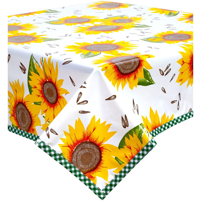 freckled sage sunflower oilcloth tablecloth with green gingham trim
