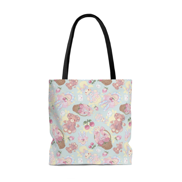 Pastel-patterned Sweet Teddy Tote Bag (Blue) features cute bears and flowers, perfect for everyday use.