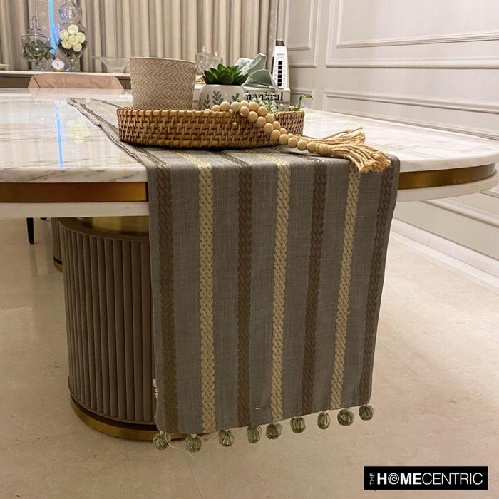 Taupe Green Linen Decorative Table Runners - Subtle Stripes