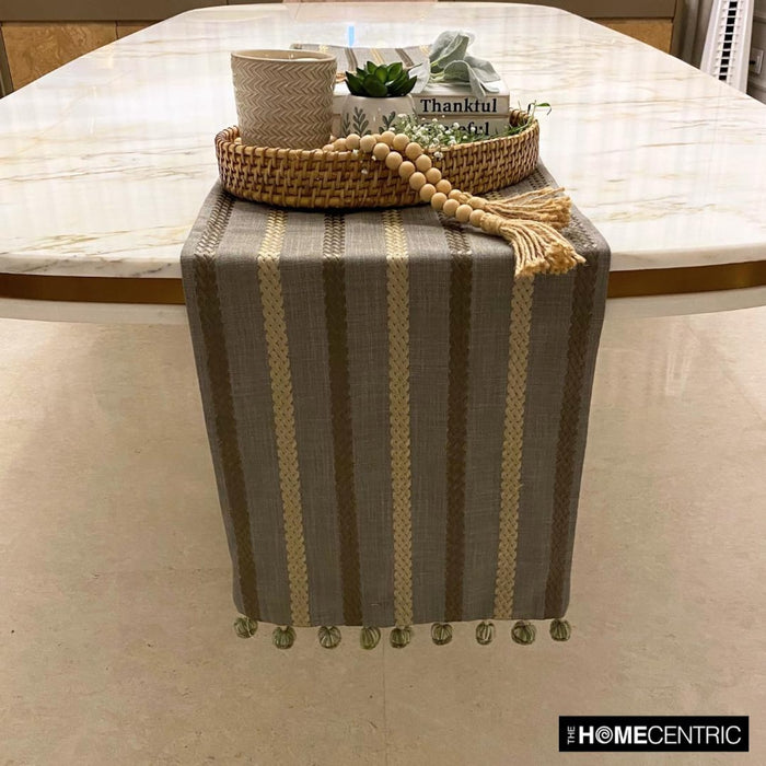 Taupe Green Linen Decorative Table Runners - Subtle Stripes