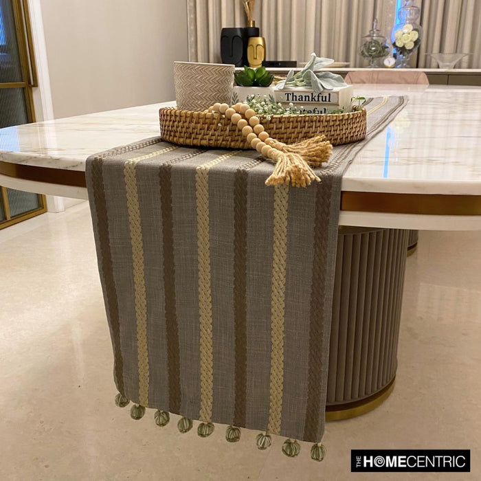 Taupe Green Linen Decorative Table Runners - Subtle Stripes