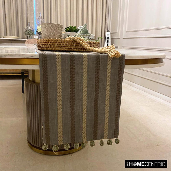 Taupe Green Linen Decorative Table Runners - Subtle Stripes