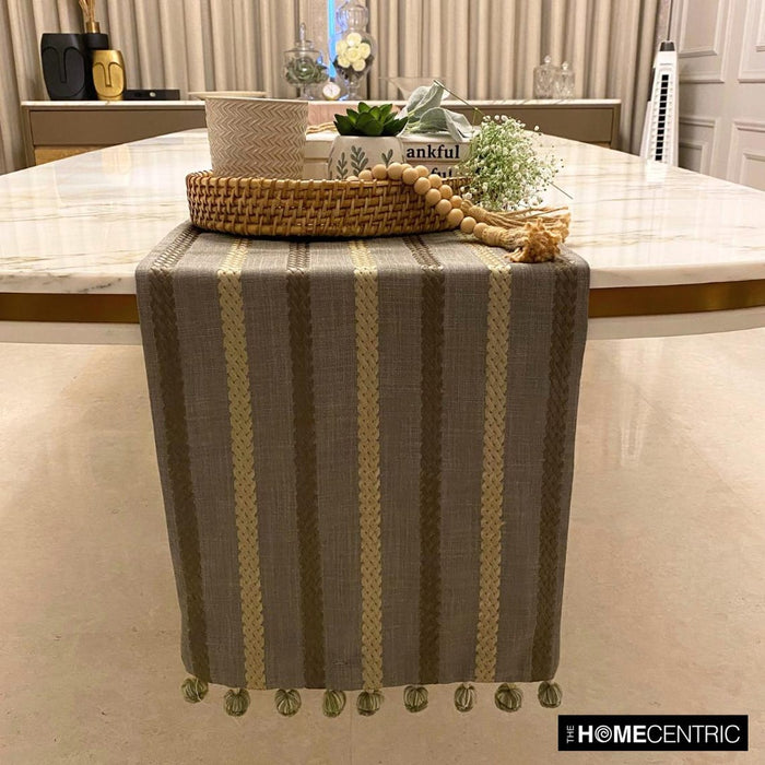 Taupe Green Linen Decorative Table Runners - Subtle Stripes