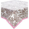 freckled sage toile brown oilcloth tablecloth with pink gingham trim