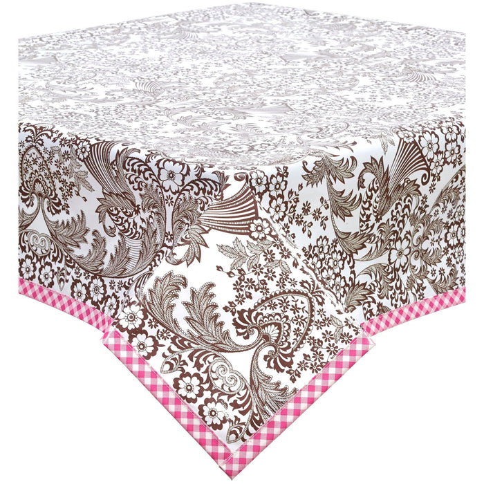 freckled sage toile brown oilcloth tablecloth with pink gingham trim