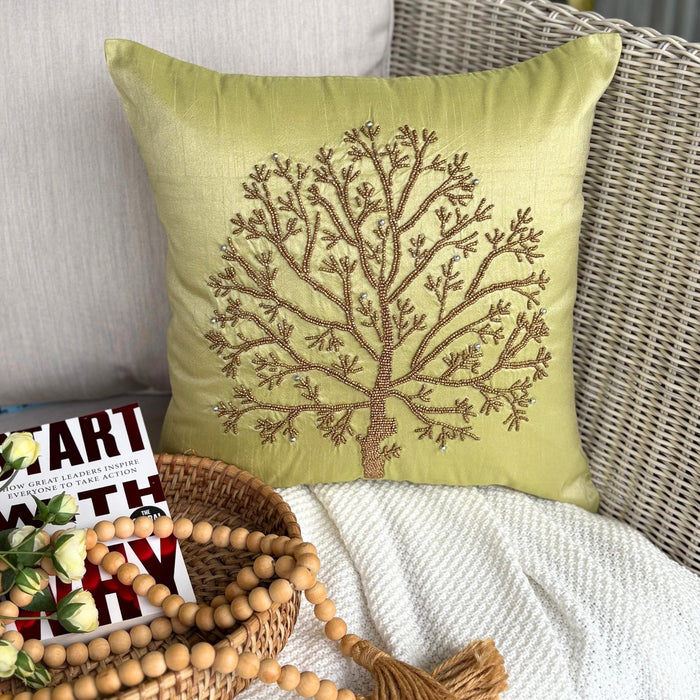 Tree Of Life - Green Art Silk Decorative Euro Sham