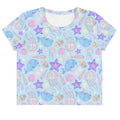 Under the Sea kawaii crop top in blue with blue narwhals and purple starfish