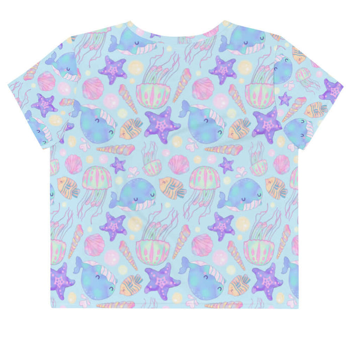 Under the Sea kawaii crop top in blue with pink jellyfish and coral seashells