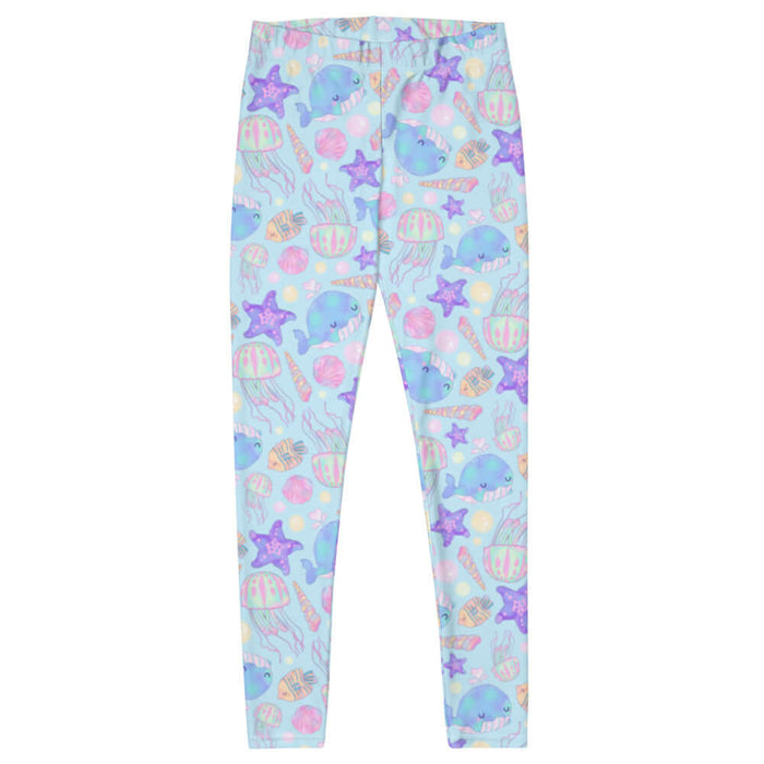 Under the Sea kawaii leggings in blue with lavender starfish and pink jellyfish