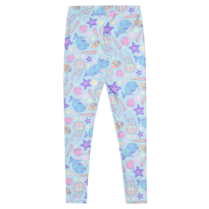 Under the Sea kawaii leggings in blue with peach-striped tropical fish and blue narwhals