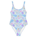 Under the Sea kawaii one-piece swimsuit in blue with pink jellyfish and golden bubbles