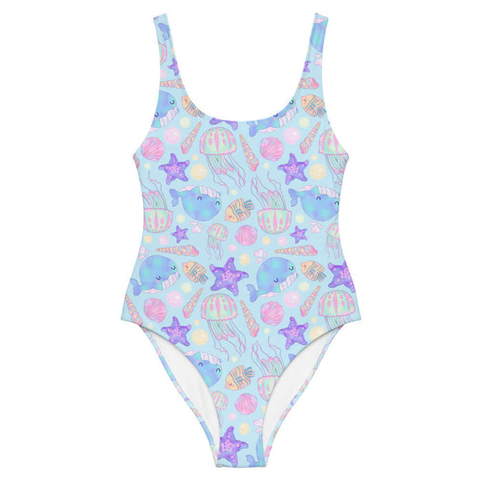 Under the Sea kawaii one-piece swimsuit in blue with pink jellyfish and golden bubbles