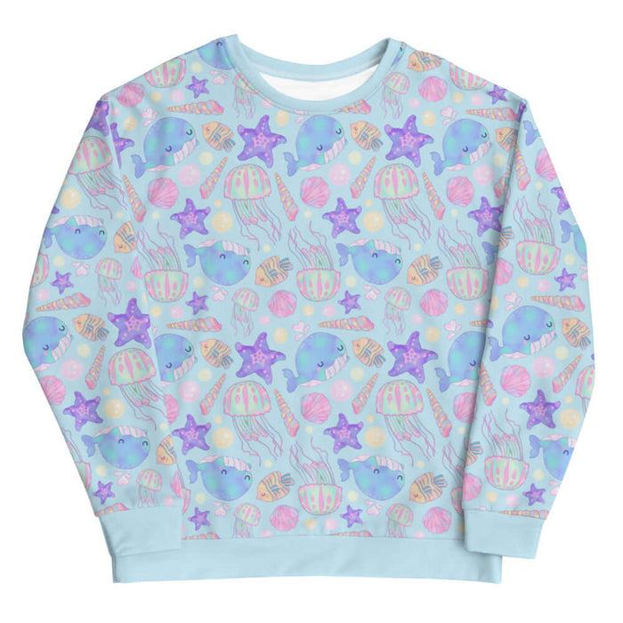 Under the Sea kawaii sweatshirt in blue with blue narwhals and pink jellyfish