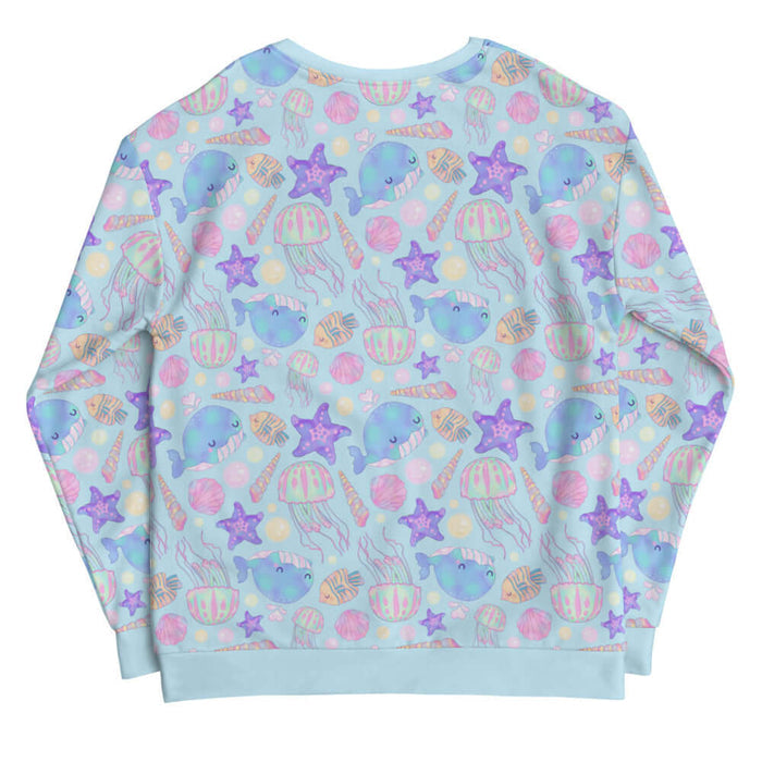 Under the Sea kawaii sweatshirt in blue with purple starfish and wispy pink coral