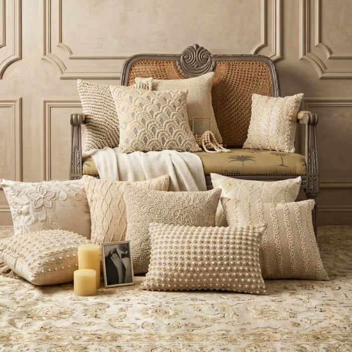 Victoria Pearls - Ivory Cotton Linen Throw Pillow Cover