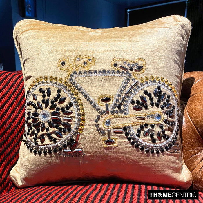 Vintage Cycle - Beige Velvet Throw Pillow Cover